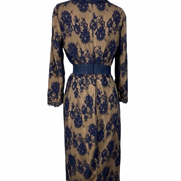 TADASHI SHOJI Navy Blue and Beige Scallop Lace Belted Dress - Picture 2 of 7